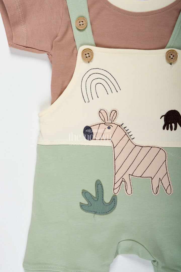 The Nesavu Boys Casual Set Boys Romper New Born Cotton Outfit with Safari Animal Embellishment and Green Shorts for Cozy Daily Style Nesavu Nesavu Boys Romper New Born Outfit Safari Animal Embellishment Soft Cotton Green Shorts