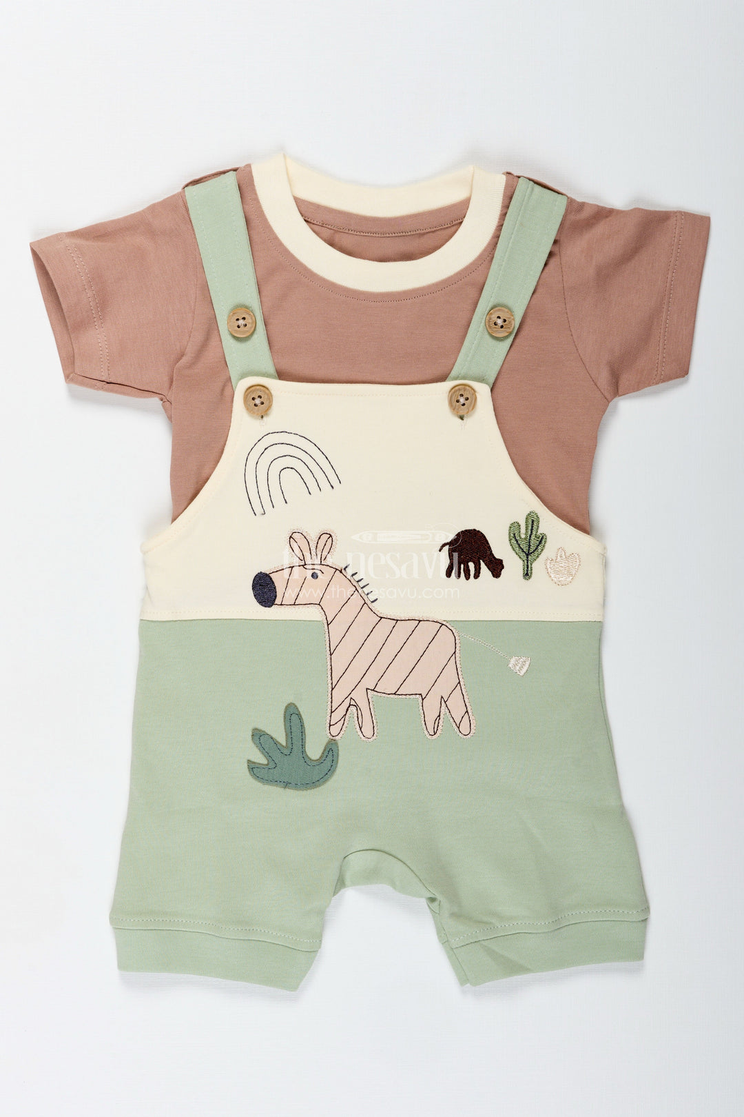 The Nesavu Boys Casual Set Boys Romper New Born Cotton Outfit with Safari Animal Embellishment and Green Shorts for Cozy Daily Style Nesavu Nesavu Boys Romper New Born Outfit Safari Animal Embellishment Soft Cotton Green Shorts