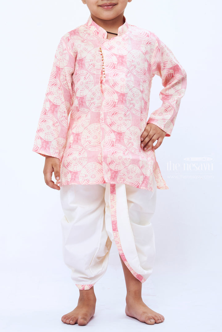 The Nesavu Boys Dothi Set Boys Rosy Spiral Print Kurta with White Dhoti Set Nesavu Boys Pink Print Kurta White Dhoti Set | Trendy Festive Attire for Kids | The Nesavu