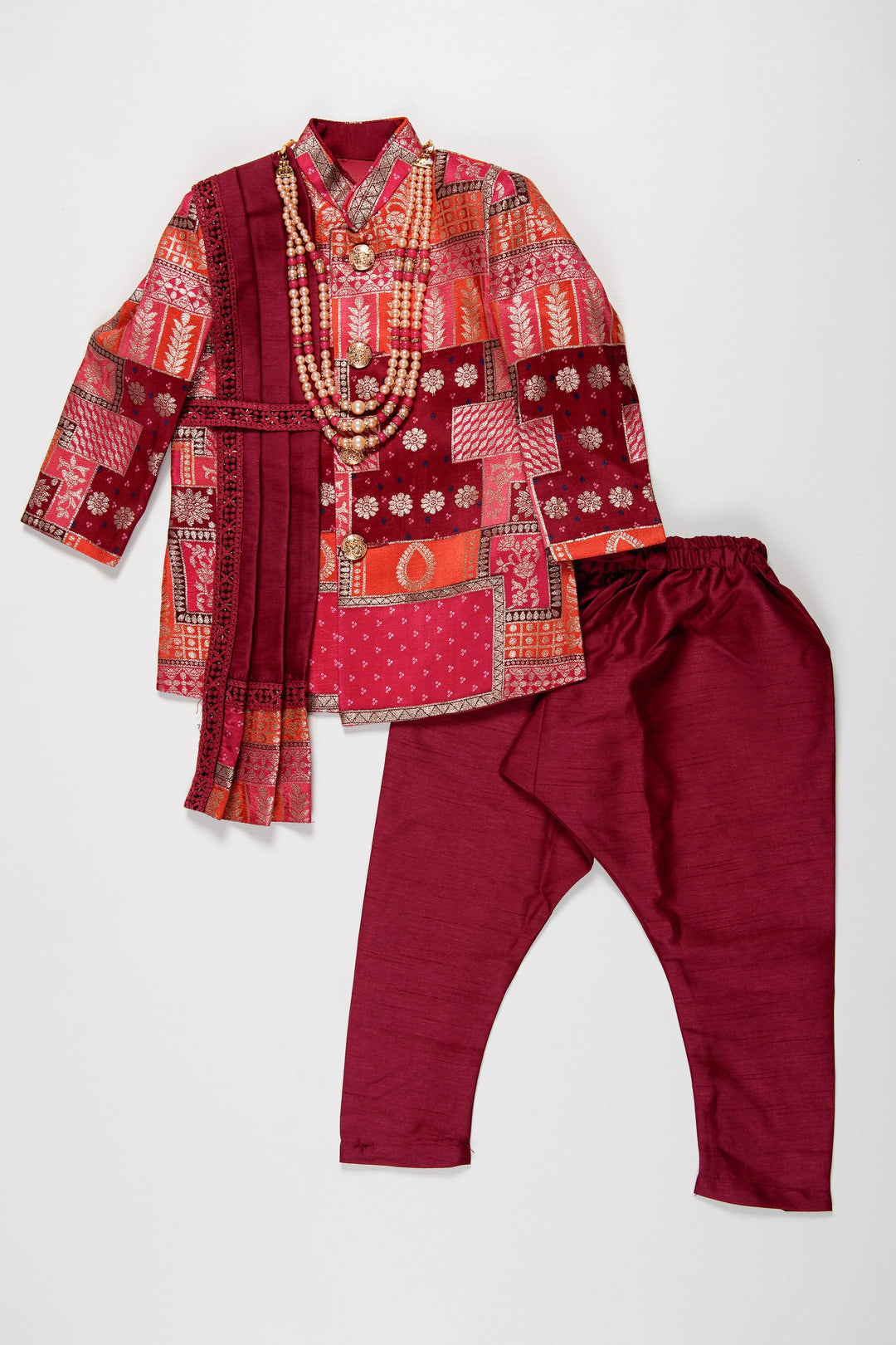 The Nesavu Boys Sherwani Boys Royal Maroon Sherwani Set with Kurta and Churidar Nesavu Buy Boys Designer Maroon Sherwani Set for Weddings and Festivities | The Nesavu