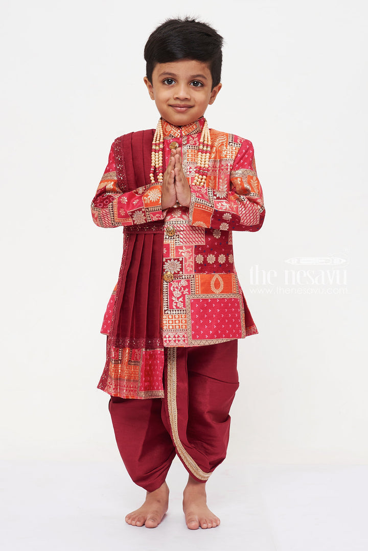 The Nesavu Boys Sherwani Boys Royal Maroon Sherwani Set with Kurta and Churidar Nesavu Buy Boys Designer Maroon Sherwani Set for Weddings and Festivities | The Nesavu