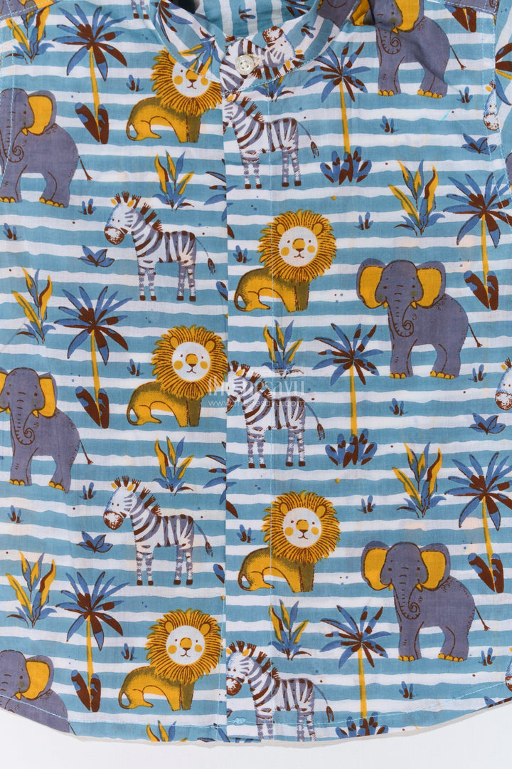 The Nesavu Boys Cotton Shirt Boys Safari Print Cotton Block Shirt with Half Sleeves in Blue Striped Design Nesavu Boys Safari Print Cotton Block Shirt Half Sleeves Blue Striped Design | The Nesavu