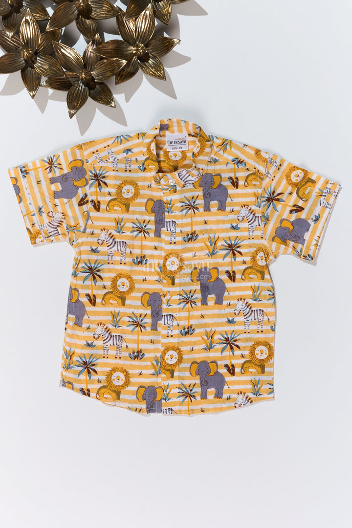 The Nesavu Boys Cotton Shirt Boys Safari-Themed Cotton Block Print Shirt with Half Sleeves in Mustard Yellow Nesavu 16 (1Y) / Yellow BS241E-16 Boys Safari-Themed Cotton Block Print Shirt Half Sleeves Mustard Yellow | The Nesavu