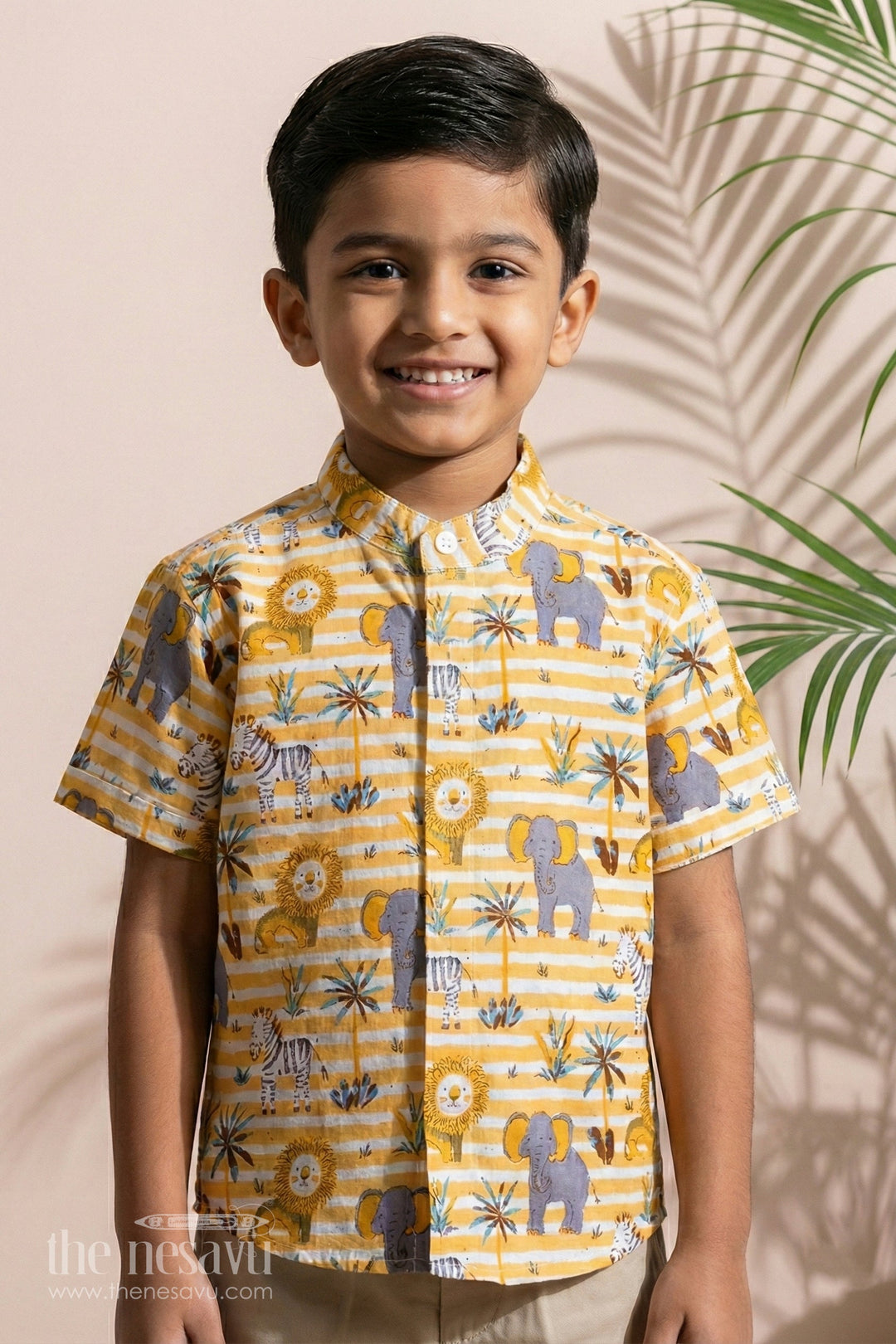 The Nesavu Boys Cotton Shirt Boys Safari-Themed Cotton Block Print Shirt with Half Sleeves in Mustard Yellow Nesavu 16 (1Y) / Yellow BS241E-16 Boys Safari-Themed Cotton Block Print Shirt Half Sleeves Mustard Yellow | The Nesavu