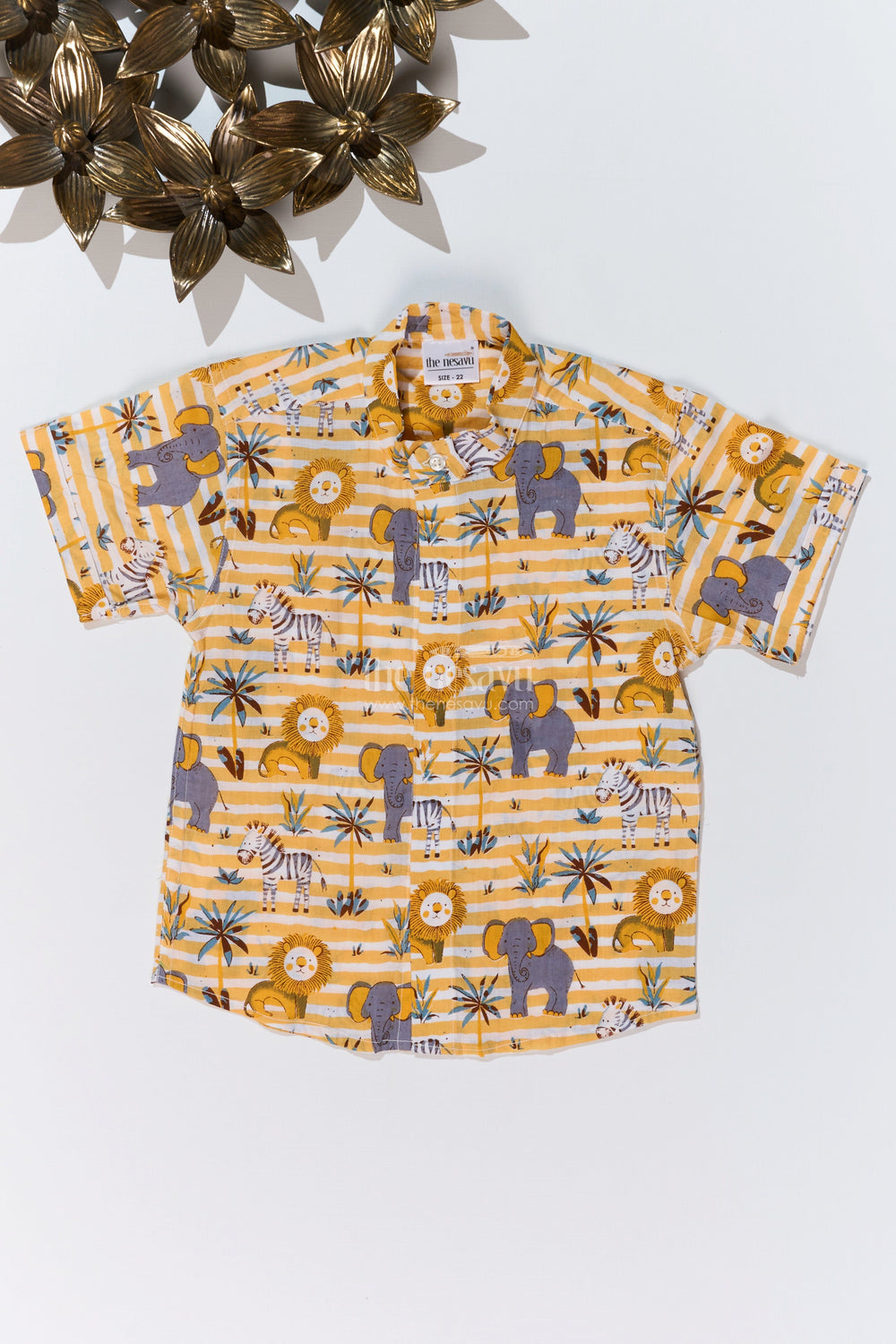 The Nesavu Boys Cotton Shirt Boys Safari-Themed Cotton Block Print Shirt with Half Sleeves in Mustard Yellow Nesavu 16 (1Y) / Yellow BS241E-16 Nesavu Boys Safari-Themed Cotton Block Print Shirt Half Sleeves Mustard Yellow