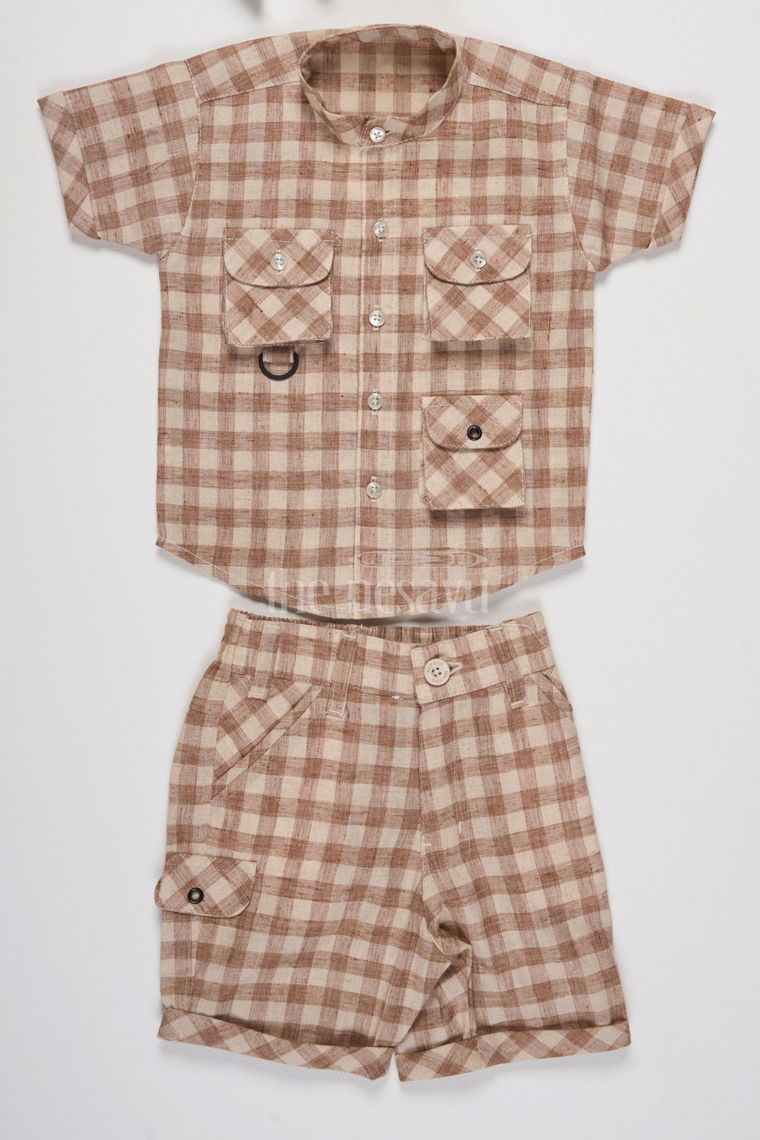 The Nesavu Boys Casual Set Boys Salmon Checkered Shirt and Shorts Set in Cotton Linen with Front Pockets Nesavu 14 (6M) / Peach BCS162A-14 Nesavu Boys Salmon Checkered Shirt Shorts Cotton Linen Set Front Pockets Summer Outings