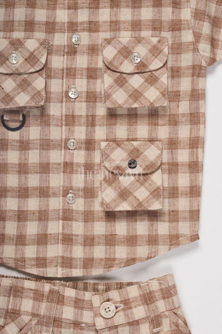 The Nesavu Boys Casual Set Boys Salmon Checkered Shirt and Shorts Set in Cotton Linen with Front Pockets Nesavu Nesavu Boys Salmon Checkered Shirt Shorts Cotton Linen Set Front Pockets Summer Outings