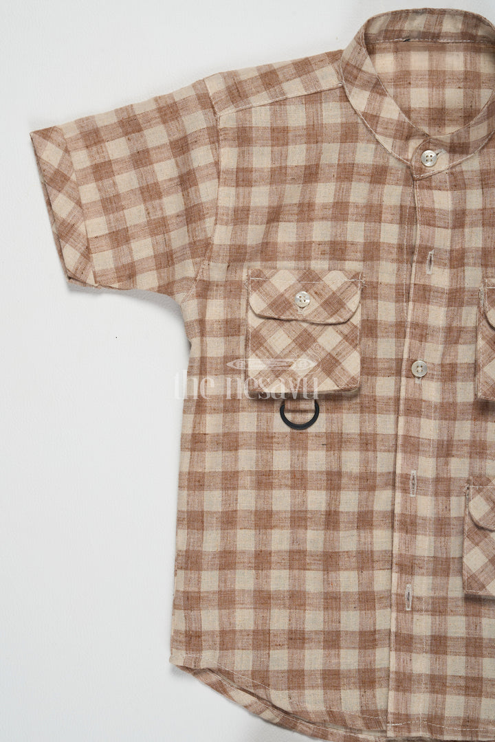 The Nesavu Boys Casual Set Boys Salmon Checkered Shirt and Shorts Set in Cotton Linen with Front Pockets Nesavu Nesavu Boys Salmon Checkered Shirt Shorts Cotton Linen Set Front Pockets Summer Outings