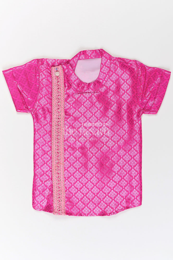 The Nesavu Boys Silk Shirt Boys Semi Banaras Pink Silk Shirt with Woven Motifs and Delicate Front Embroidered Trim Nesavu 16 (1Y) / Pink BS254A-16 Boys Semi Banaras Pink Silk Shirt Woven Texture Decorative Zari Front Trim | The Nesavu