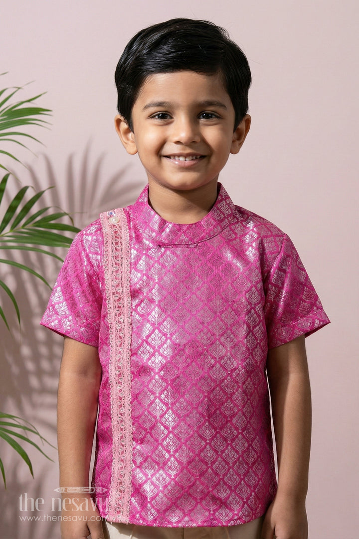 The Nesavu Boys Silk Shirt Boys Semi Banaras Pink Silk Shirt with Woven Motifs and Delicate Front Embroidered Trim Nesavu 16 (1Y) / Pink BS254A-16 Boys Semi Banaras Pink Silk Shirt Woven Texture Decorative Zari Front Trim | The Nesavu