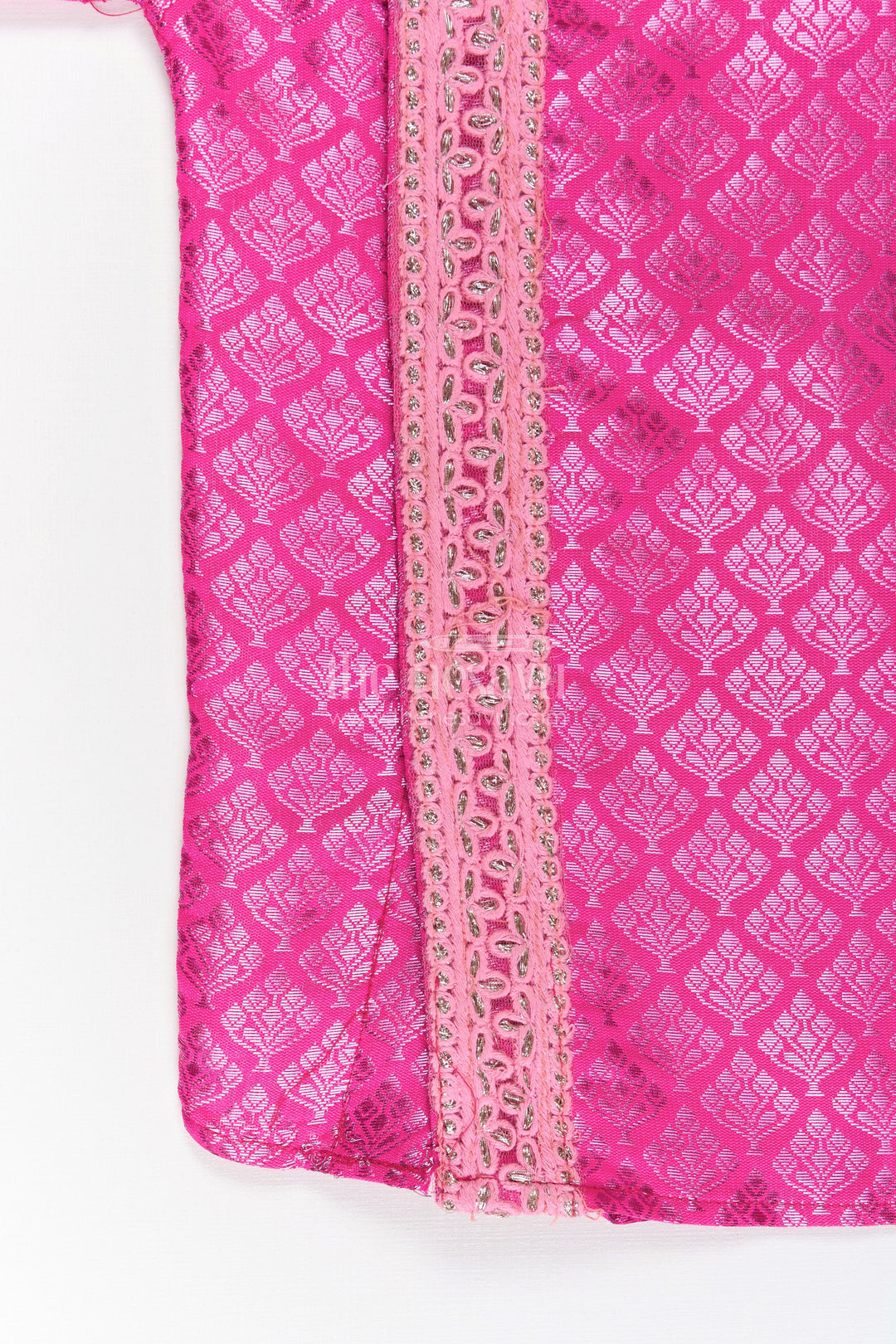 The Nesavu Boys Silk Shirt Boys Semi Banaras Pink Silk Shirt with Woven Motifs and Delicate Front Embroidered Trim Nesavu Boys Semi Banaras Pink Silk Shirt Woven Texture Decorative Zari Front Trim | The Nesavu