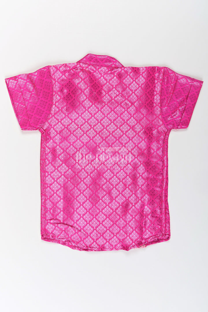 The Nesavu Boys Silk Shirt Boys Semi Banaras Pink Silk Shirt with Woven Motifs and Delicate Front Embroidered Trim Nesavu Boys Semi Banaras Pink Silk Shirt Woven Texture Decorative Zari Front Trim | The Nesavu