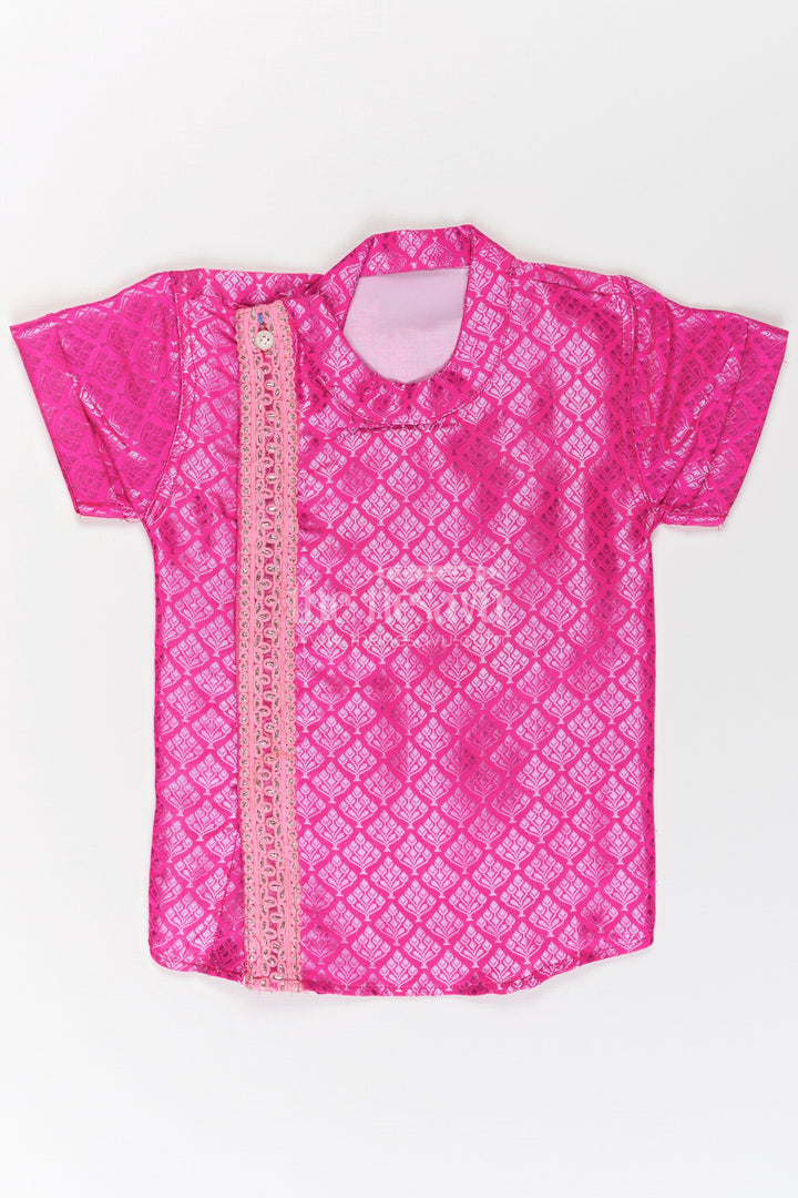 The Nesavu Boys Silk Shirt Boys Semi Banaras Pink Silk Shirt with Woven Motifs and Delicate Front Embroidered Trim Nesavu Boys Semi Banaras Pink Silk Shirt Woven Texture Decorative Zari Front Trim | The Nesavu