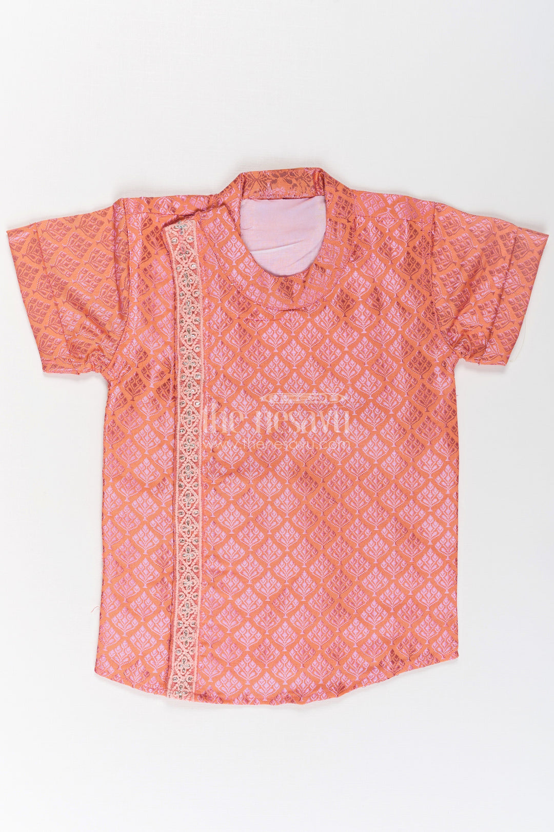 The Nesavu Boys Silk Shirt Boys Semi Banaras Silk Shirt Pink with Traditional Motif Weave and Ornamental Front Detailing Nesavu 16 (1Y) / Pink BS253A-16 Semi Banaras Silk Shirt Pink Boys All Over Traditional Motifs Designer Zari Trim | The Nesavu