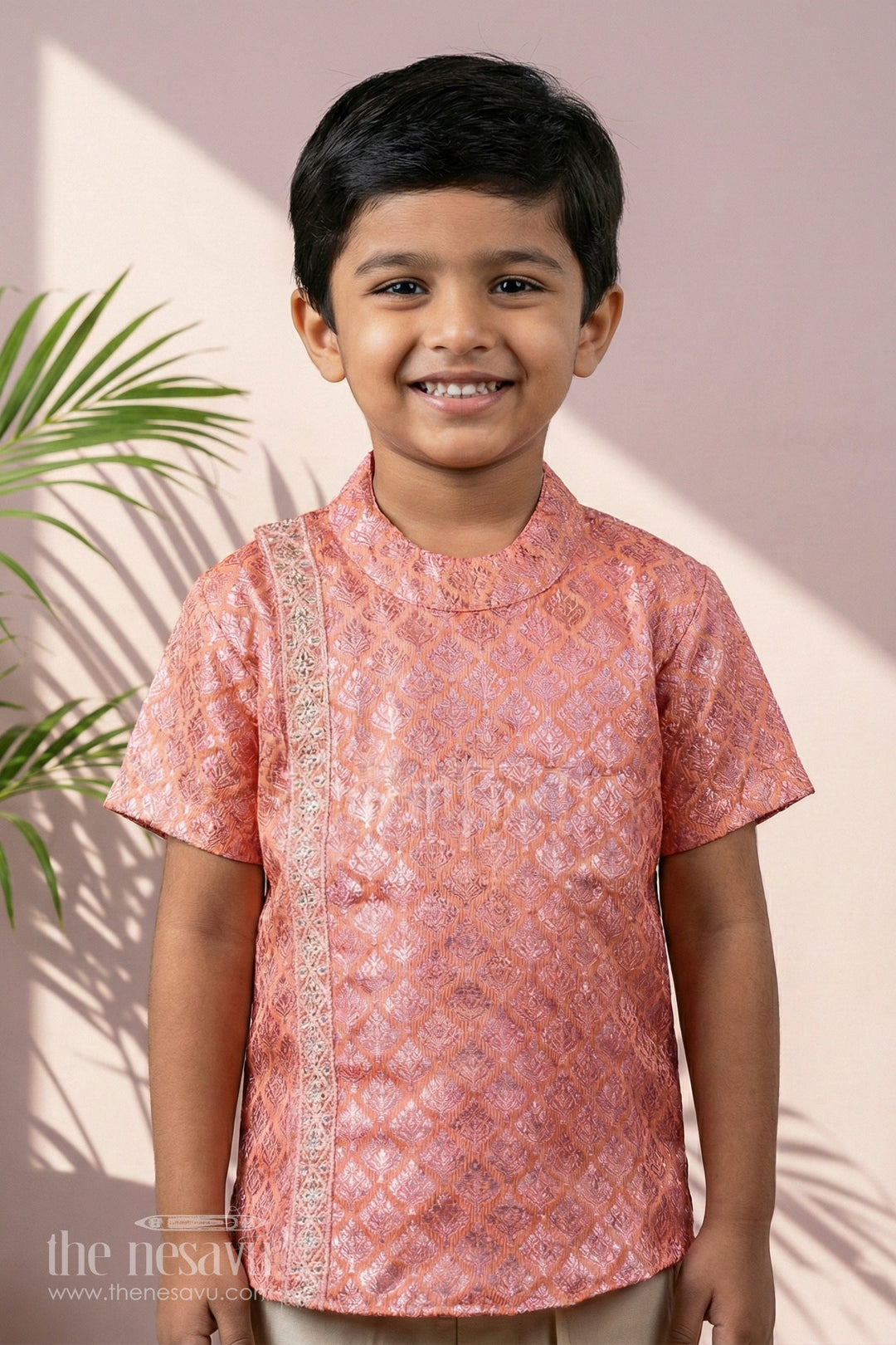 The Nesavu Boys Silk Shirt Boys Semi Banaras Silk Shirt Pink with Traditional Motif Weave and Ornamental Front Detailing Nesavu 16 (1Y) / Pink BS253A-16 Semi Banaras Silk Shirt Pink Boys All Over Traditional Motifs Designer Zari Trim | The Nesavu
