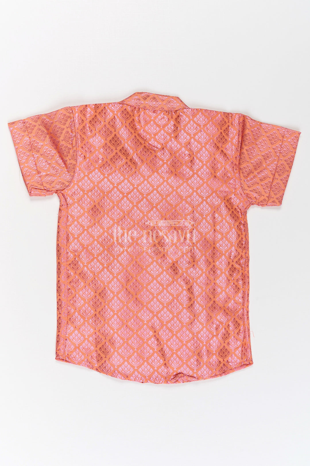 The Nesavu Boys Silk Shirt Boys Semi Banaras Silk Shirt Pink with Traditional Motif Weave and Ornamental Front Detailing Nesavu Semi Banaras Silk Shirt Pink Boys All Over Traditional Motifs Designer Zari Trim | The Nesavu