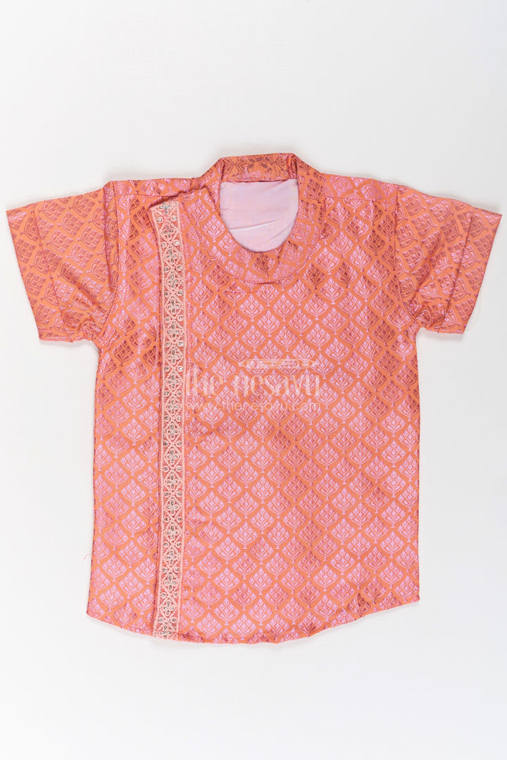 The Nesavu Boys Silk Shirt Boys Semi Banaras Silk Shirt Pink with Traditional Motif Weave and Ornamental Front Detailing Nesavu Semi Banaras Silk Shirt Pink Boys All Over Traditional Motifs Designer Zari Trim | The Nesavu