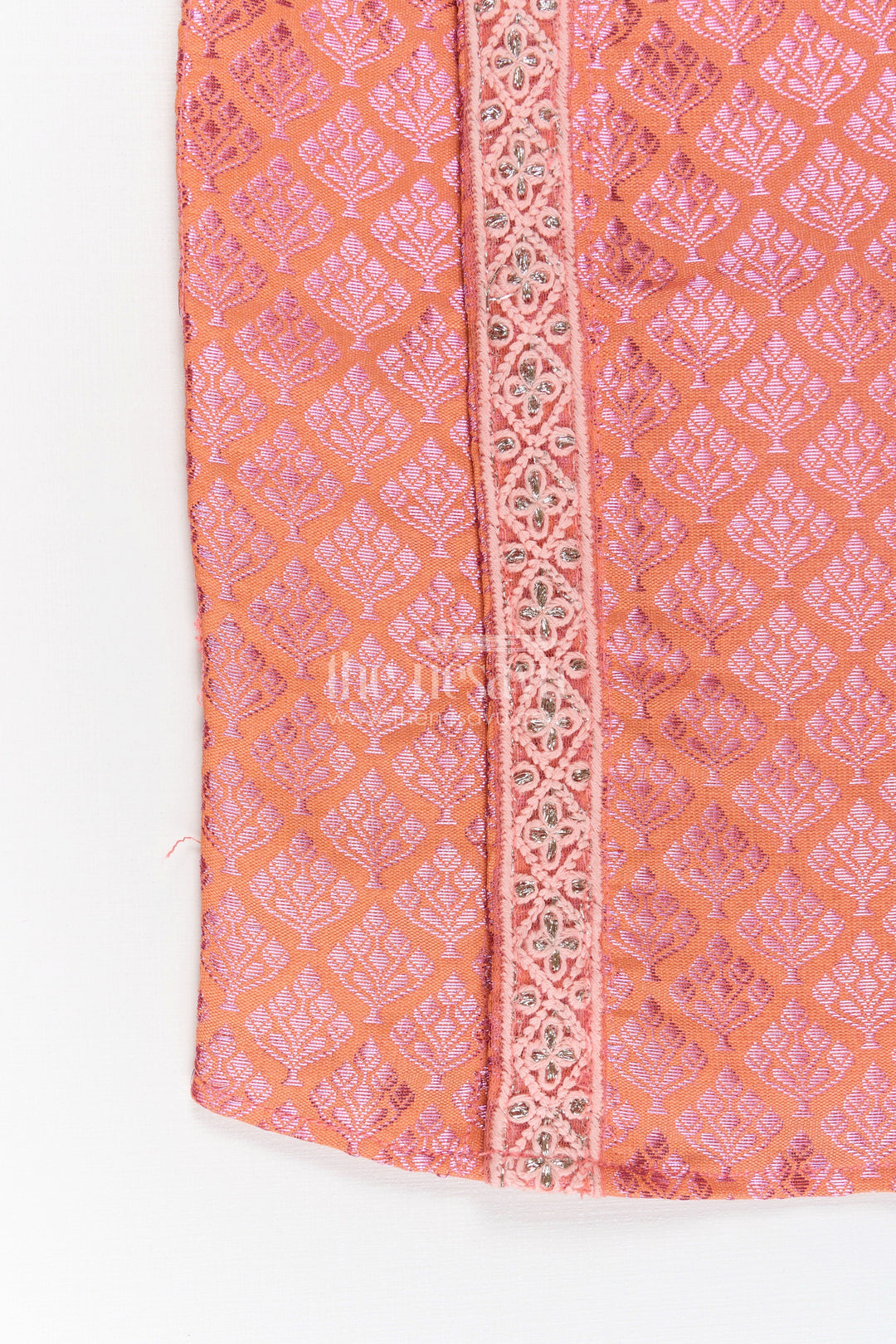 The Nesavu Boys Silk Shirt Boys Semi Banaras Silk Shirt Pink with Traditional Motif Weave and Ornamental Front Detailing Nesavu Semi Banaras Silk Shirt Pink Boys All Over Traditional Motifs Designer Zari Trim | The Nesavu