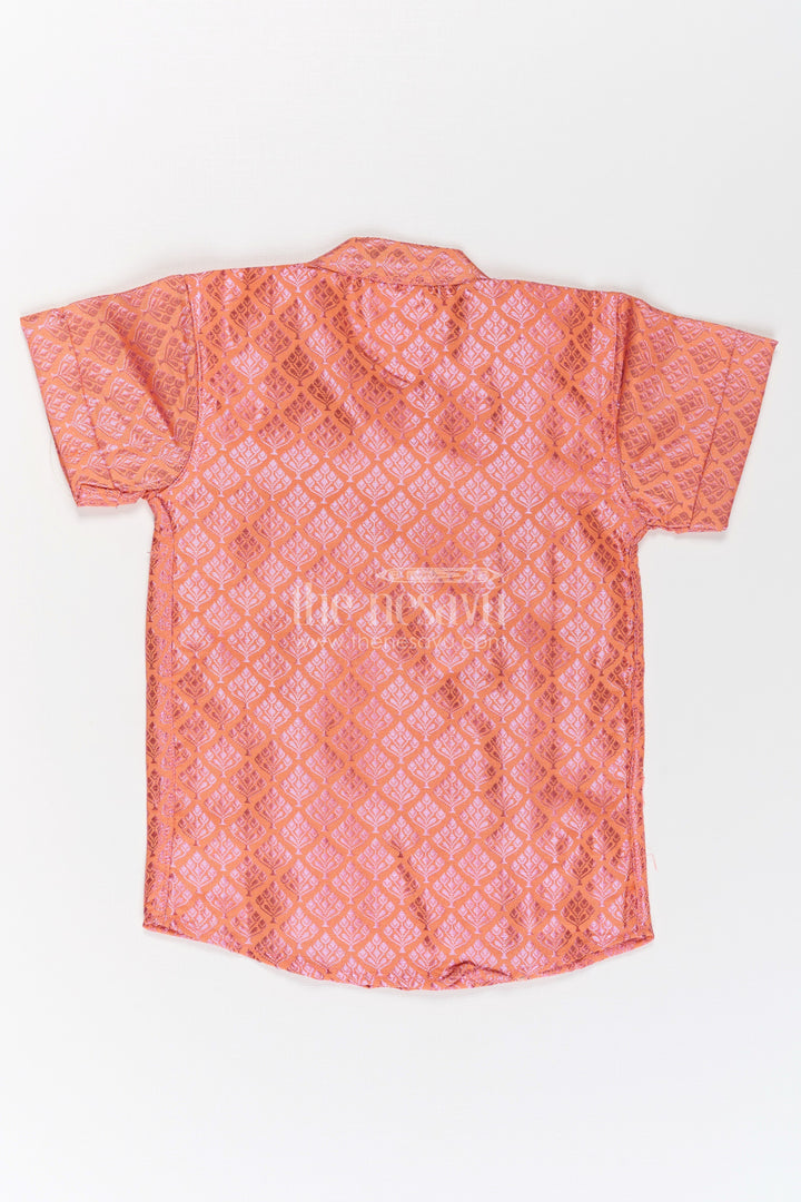 The Nesavu Boys Silk Shirt Boys Semi Banaras Silk Shirt Pink with Traditional Motif Weave and Ornamental Front Detailing Nesavu Semi Banaras Silk Shirt Pink Boys All Over Traditional Motifs Designer Zari Trim | The Nesavu