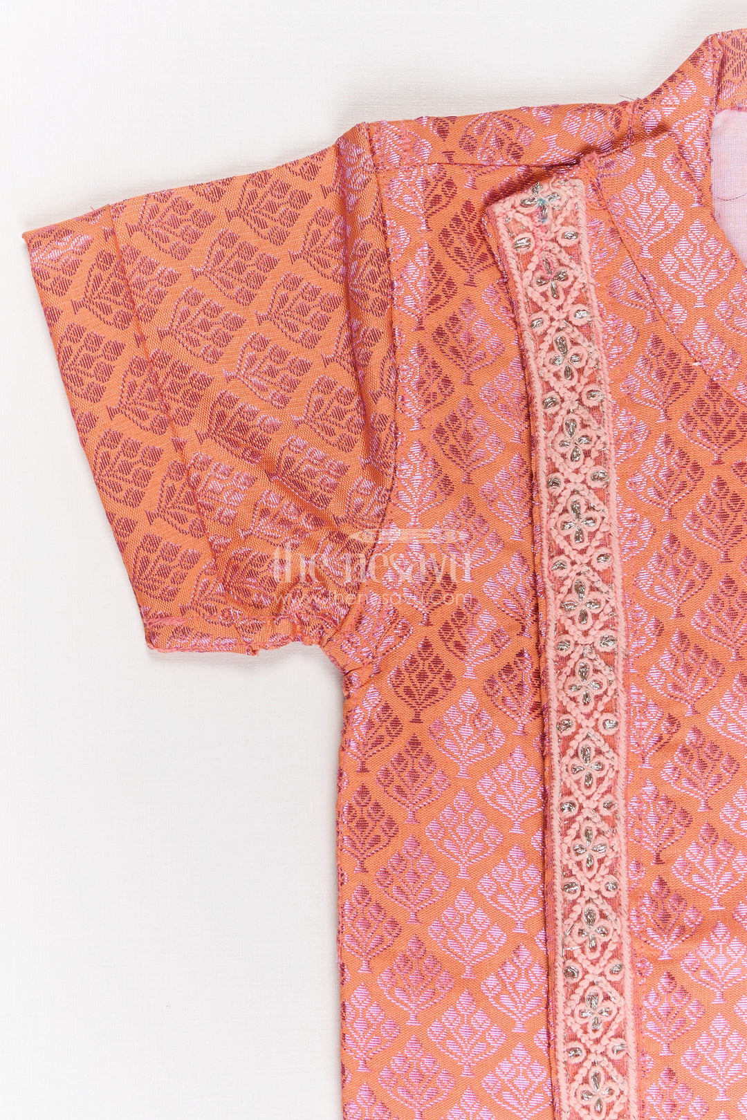 The Nesavu Boys Silk Shirt Boys Semi Banaras Silk Shirt Pink with Traditional Motif Weave and Ornamental Front Detailing Nesavu Semi Banaras Silk Shirt Pink Boys All Over Traditional Motifs Designer Zari Trim | The Nesavu