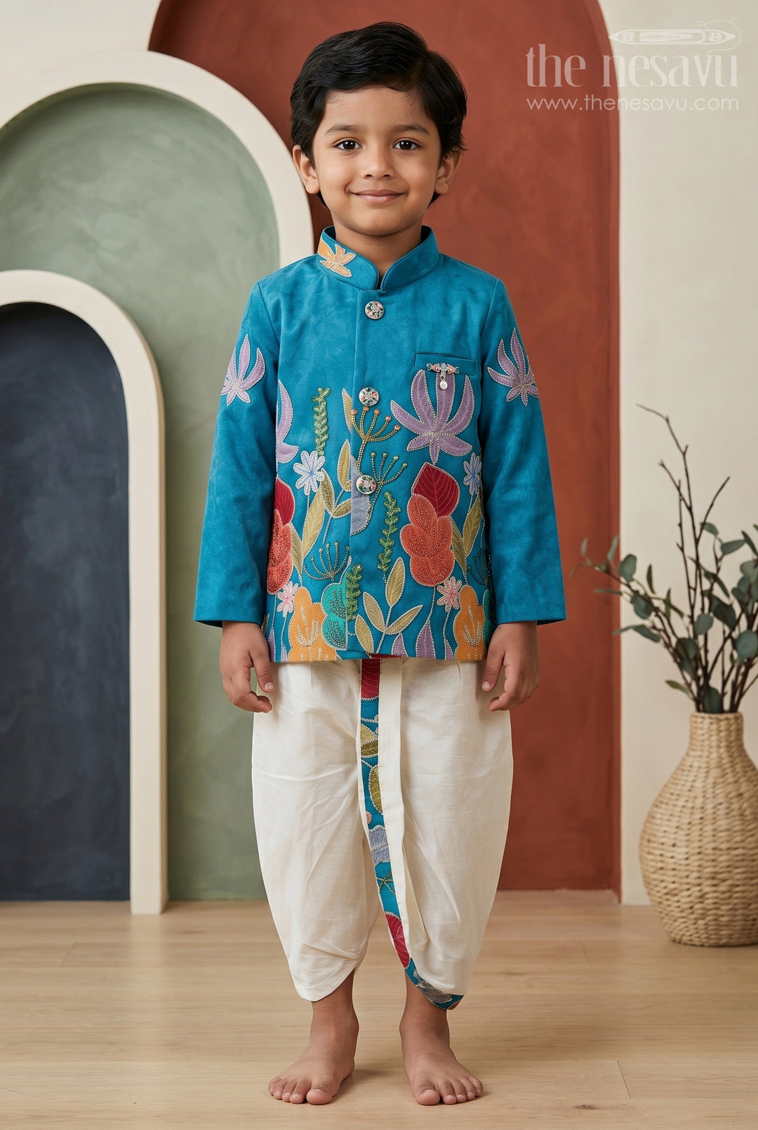 The Nesavu Boys Sherwani Boys Sherwani Dress Set for Weddings and Festive Occasions Nesavu 14 (6M) / Blue / Viscose Silk BES1016A-14 Nesavu Boys Sherwani Set Viscose Silk With Designer Embroidery For Weddings And Festive Occasions