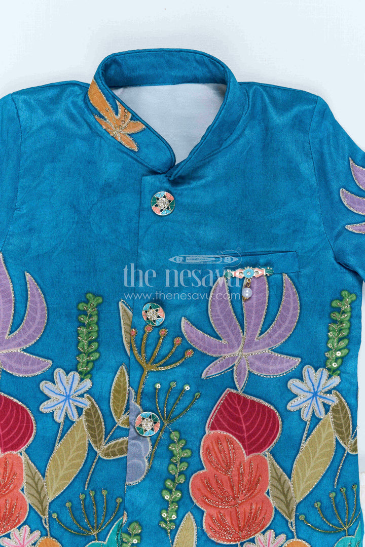 The Nesavu Boys Sherwani Boys Sherwani Dress Set for Weddings and Festive Occasions Nesavu Nesavu Boys Sherwani Set Viscose Silk With Designer Embroidery For Weddings And Festive Occasions