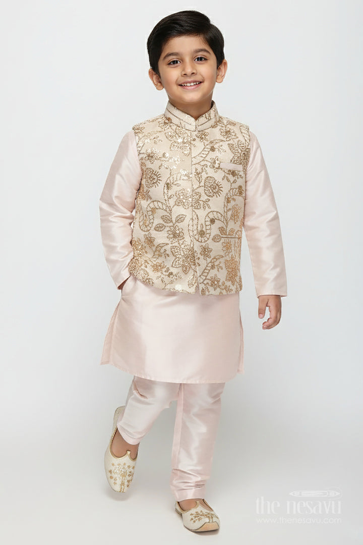 The Nesavu Boys Jacket Sets Boys Sherwani Jacket in Beige Viscose Blend with Sequin Embroidery and Coordinated Kurta Pants Nesavu 18 (2Y) / Cream BES712A-18 Nesavu Boys Beige Sherwani Jacket Embroidered Sequins Viscose Fabric Coordinated Set