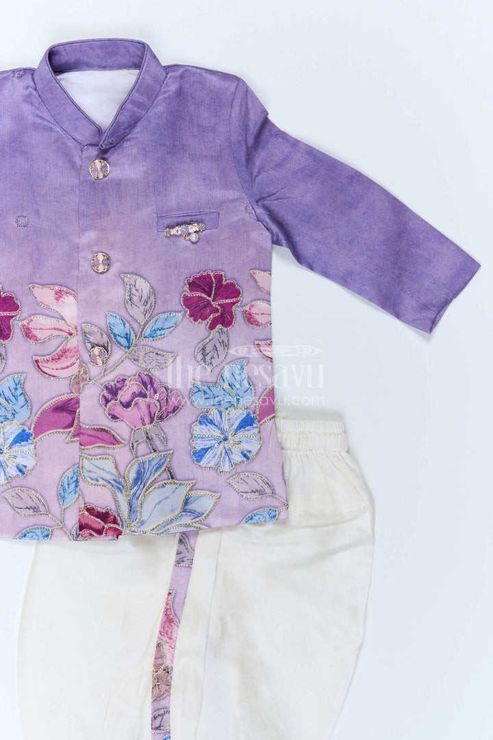 The Nesavu Boys Sherwani Boys Sherwani Set for Celebrations and Festive Occasions Nesavu Nesavu Boys Sherwani Set For Weddings Viscose Silk With Digital Print Festive Ethnic Outfit