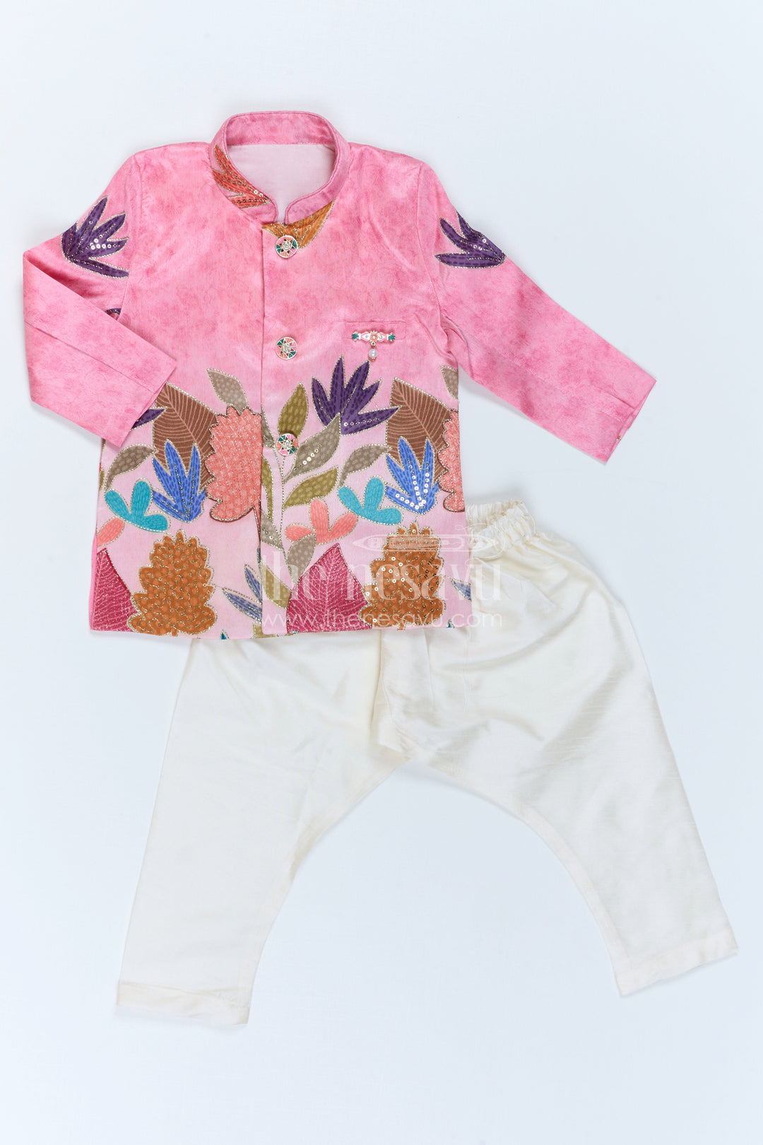 The Nesavu Boys Sherwani Boys Sherwani Set for Festival and Traditional Functions Nesavu Nesavu Boys Sherwani Set Viscose Silk With Sequence Embroidery For Festive And Traditional Wear