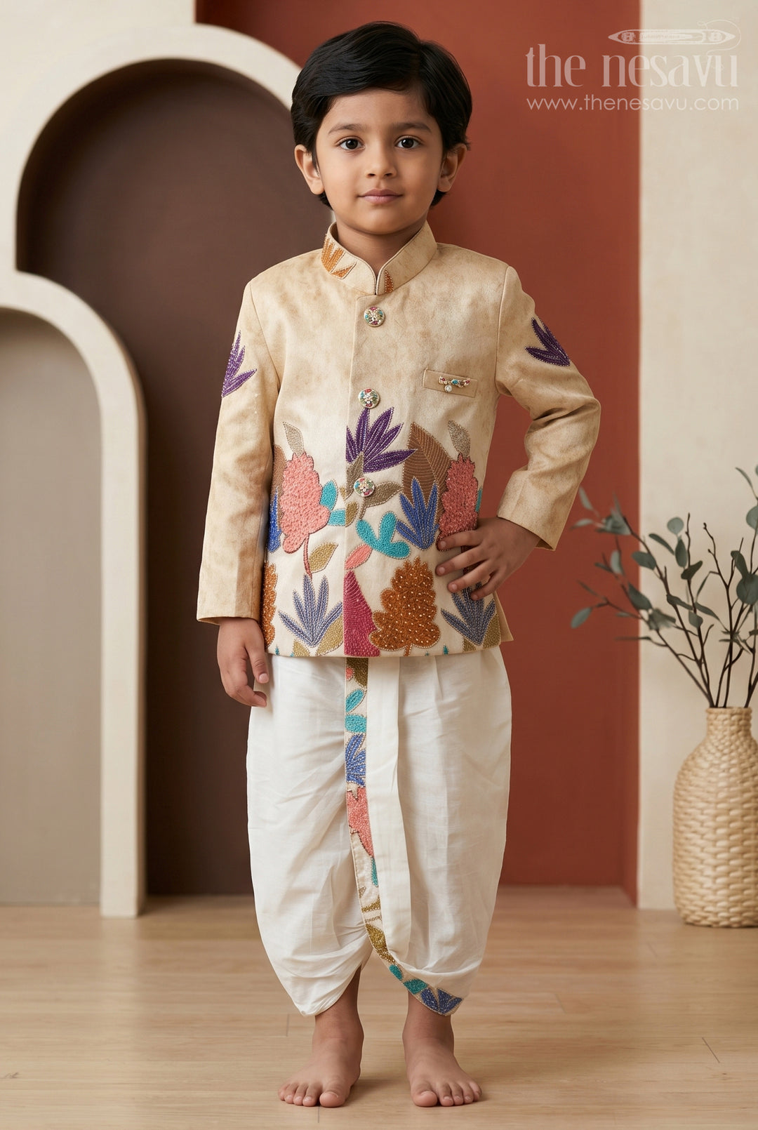 The Nesavu Boys Sherwani Boys Sherwani Set for Festive Wear and Traditional Functions Nesavu 14 (6M) / Yellow / Viscose Silk BES1015A-14 Nesavu Boys Sherwani Set With Sequence Embroidery Viscose Silk For Festive And Wedding Wear