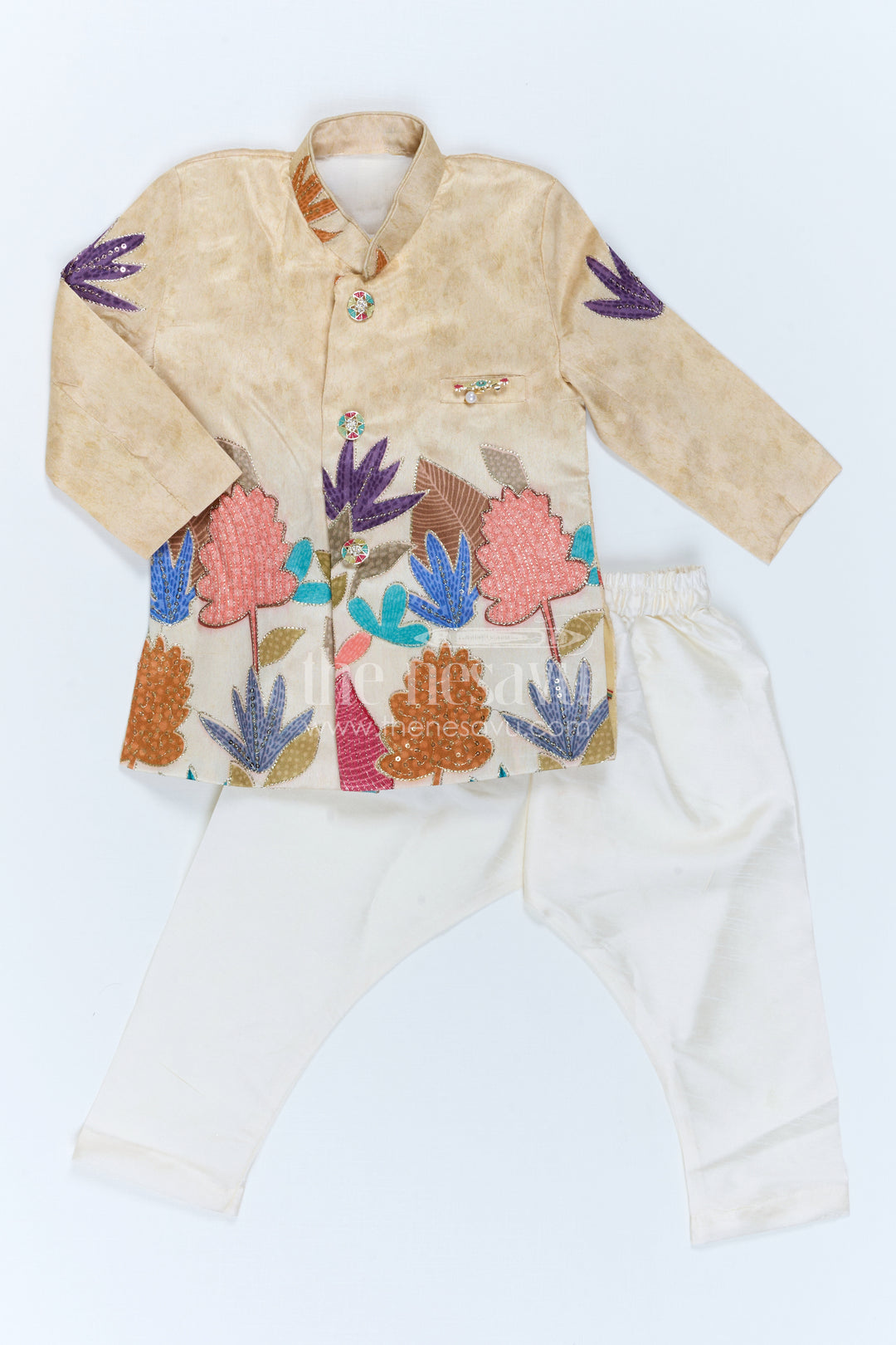 The Nesavu Boys Sherwani Boys Sherwani Set for Festive Wear and Traditional Functions Nesavu Nesavu Boys Sherwani Set With Sequence Embroidery Viscose Silk For Festive And Wedding Wear