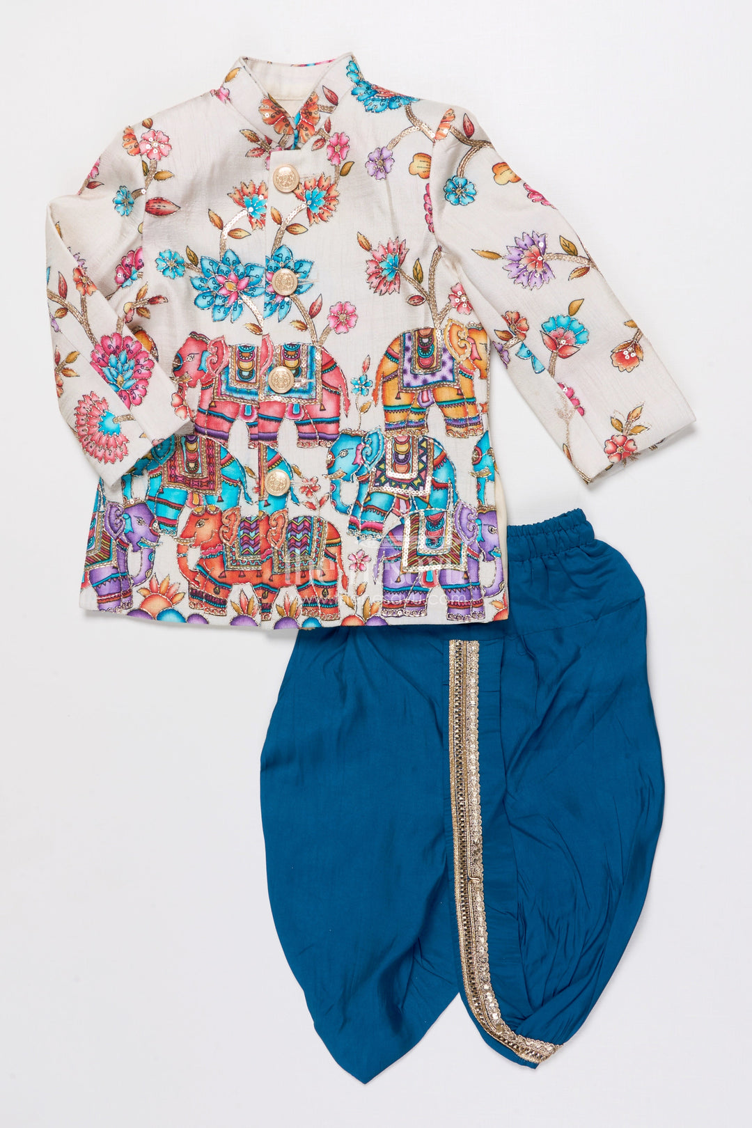 The Nesavu Boys Sherwani Boys Sherwani Set for Wedding Receptions and Cultural Events Nesavu 14 (6M) / Blue BES922A-14 Nesavu boys silk sherwani embroidered elephant print weddings grand festive occasions