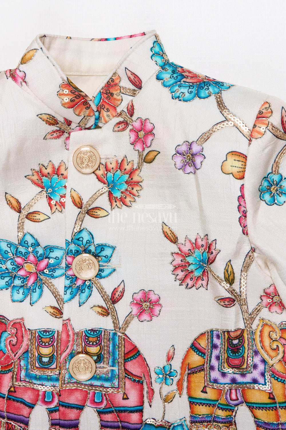 The Nesavu Boys Sherwani Boys Sherwani Set for Wedding Receptions and Cultural Events Nesavu Nesavu boys silk sherwani embroidered elephant print weddings grand festive occasions