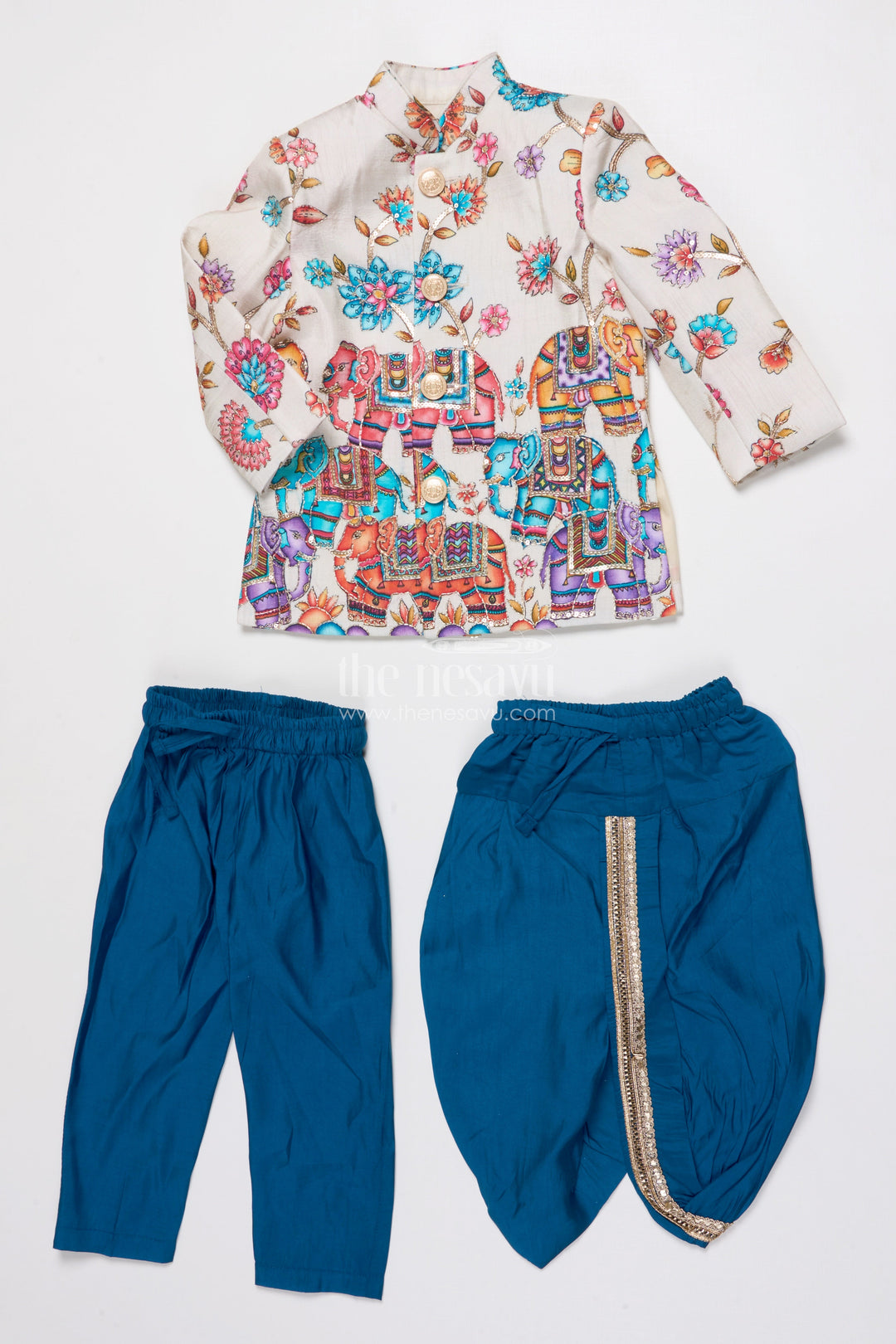 The Nesavu Boys Sherwani Boys Sherwani Set for Wedding Receptions and Cultural Events Nesavu Nesavu boys silk sherwani embroidered elephant print weddings grand festive occasions