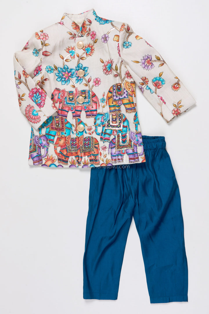 The Nesavu Boys Sherwani Boys Sherwani Set for Wedding Receptions and Cultural Events Nesavu Nesavu boys silk sherwani embroidered elephant print weddings grand festive occasions