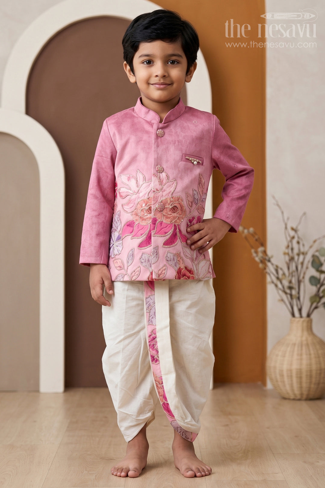 The Nesavu Boys Sherwani Boys Sherwani Set for Weddings and Festive Occasions Nesavu 14 (6M) / Pink / Viscose Silk BES1014A-14 Nesavu Boys Sherwani Set For Weddings Viscose Silk With Digital Print Traditional Outfit