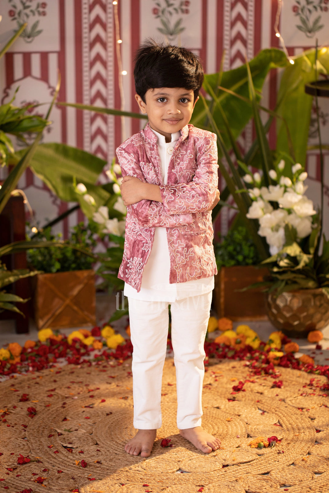 The Nesavu Boys Blazer Set Boys Sherwani Set in Pink Velvet with Embroidered Jacket and White Kurta Pyjama for Formal Occasions Nesavu 14 (6M) / Pink BES588A-14 Nesavu Boys Pink Velvet Sherwani Set Embroidered Jacket White Kurta Weddings Ceremonies