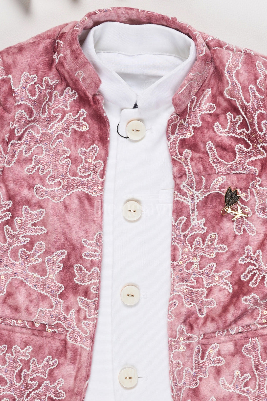 The Nesavu Boys Blazer Set Boys Sherwani Set in Pink Velvet with Embroidered Jacket and White Kurta Pyjama for Formal Occasions Nesavu Nesavu Boys Pink Velvet Sherwani Set Embroidered Jacket White Kurta Weddings Ceremonies