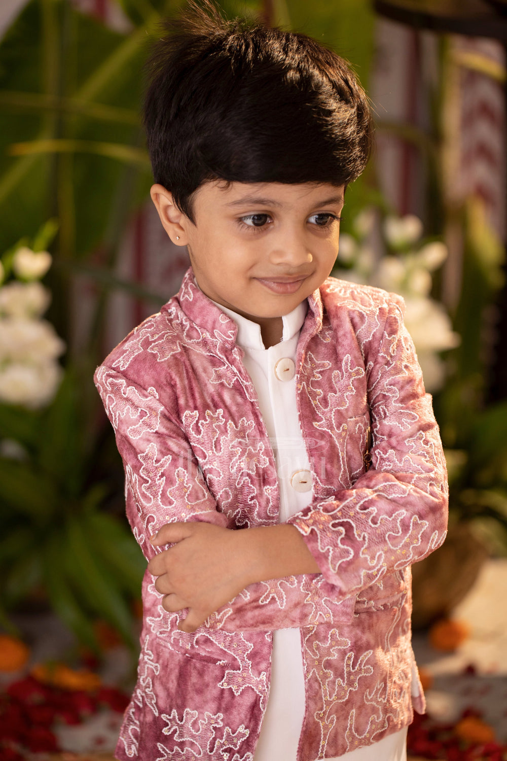 The Nesavu Boys Blazer Set Boys Sherwani Set in Pink Velvet with Embroidered Jacket and White Kurta Pyjama for Formal Occasions Nesavu Nesavu Boys Pink Velvet Sherwani Set Embroidered Jacket White Kurta Weddings Ceremonies