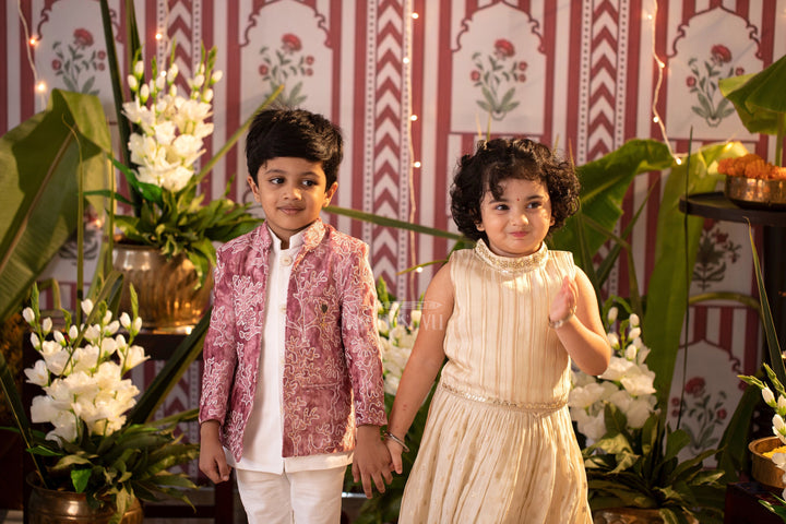 The Nesavu Boys Blazer Set Boys Sherwani Set in Pink Velvet with Embroidered Jacket and White Kurta Pyjama for Formal Occasions Nesavu Nesavu Boys Pink Velvet Sherwani Set Embroidered Jacket White Kurta Weddings Ceremonies