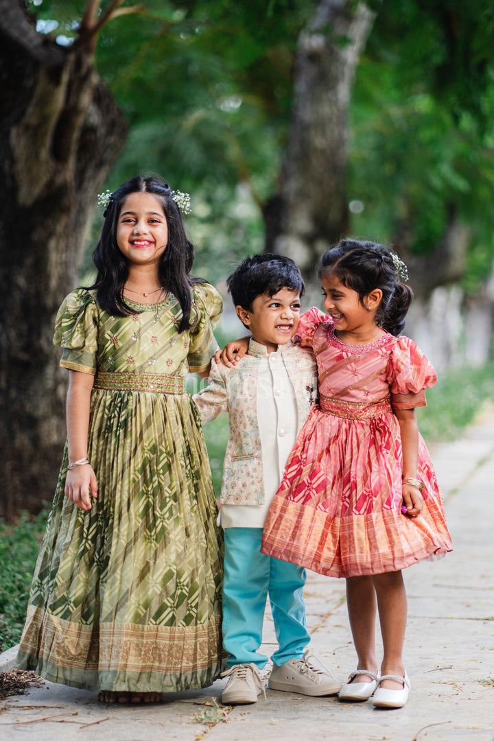 The Nesavu Boys Blazer Set Boys Sherwani Set with Pastel Floral Jacket and Blue Trousers for Weddings and Festivals Nesavu Nesavu Boys Sherwani Set Pastel Floral Jacket Blue Trousers Formal Occasions