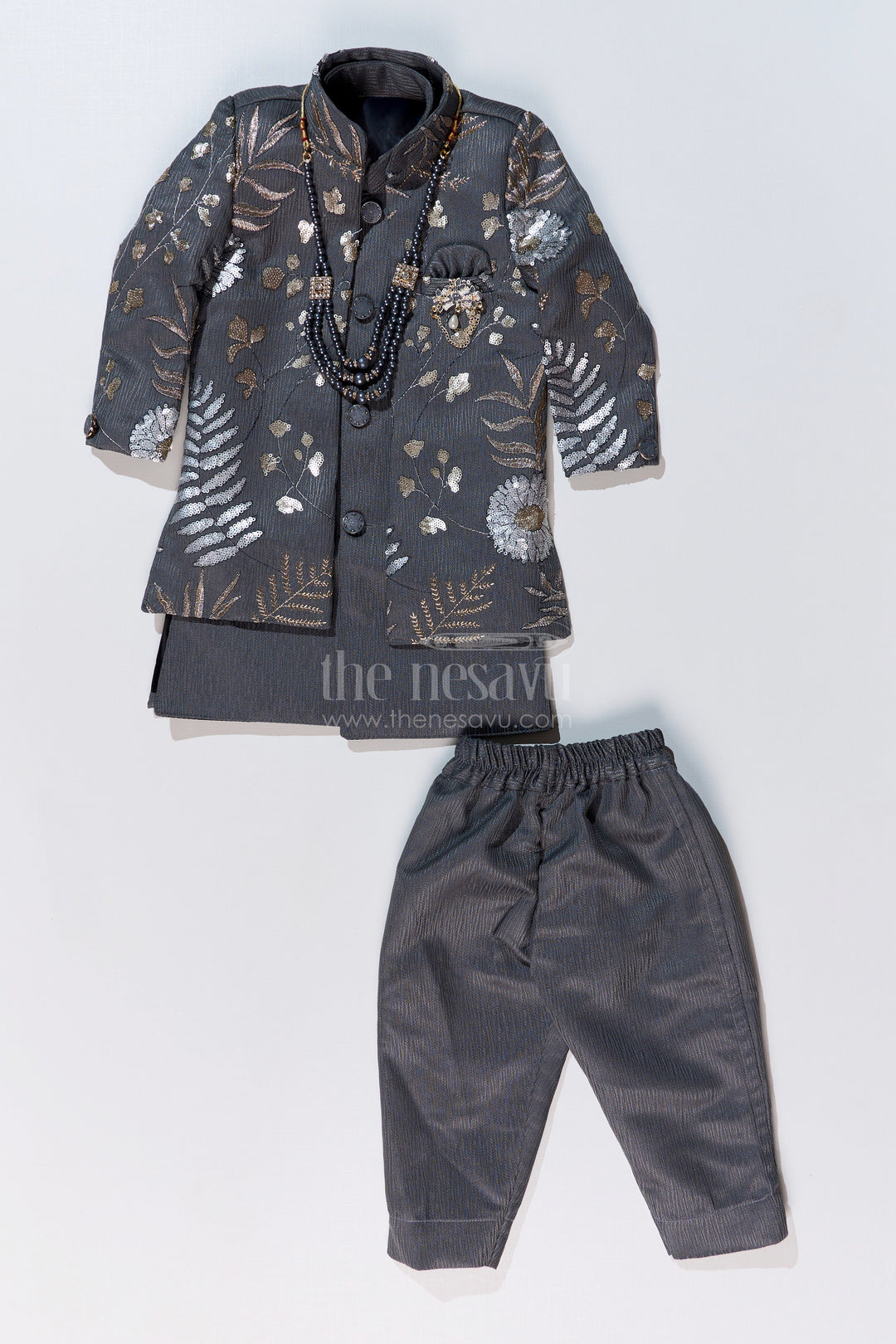 The Nesavu Boys Jacket Sets Boys Sherwani with Long Jacket in Silk Blend with Designer Embroidery and Elegant Detailing Nesavu 14 (6M) / Gray BES643A-14 Nesavu Boys Sherwani Long Jacket Silk Blend Designer Embroidery Regal Charm
