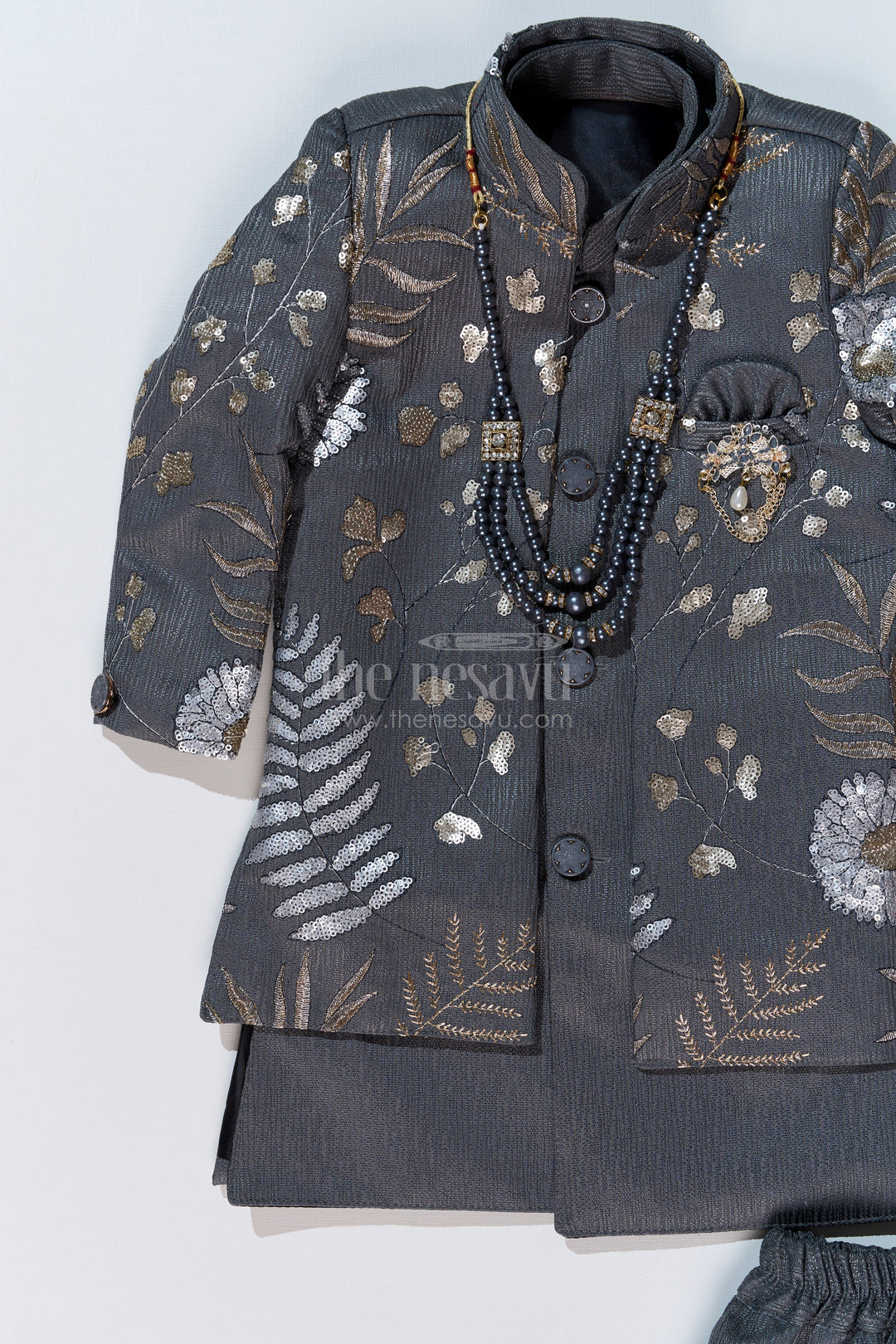 The Nesavu Boys Jacket Sets Boys Sherwani with Long Jacket in Silk Blend with Designer Embroidery and Elegant Detailing Nesavu Boys Sherwani Long Jacket Silk Blend Designer Embroidery Regal Charm | The Nesavu