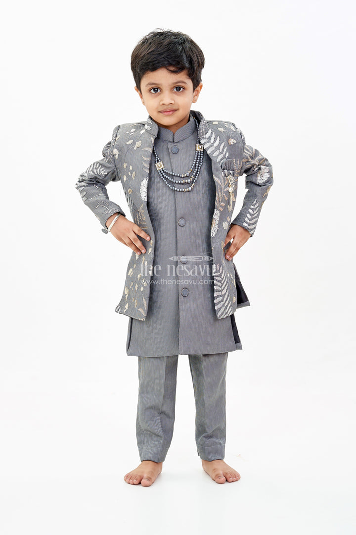 The Nesavu Boys Jacket Sets Boys Sherwani with Long Jacket in Silk Blend with Designer Embroidery and Elegant Detailing Nesavu Boys Sherwani Long Jacket Silk Blend Designer Embroidery Regal Charm | The Nesavu