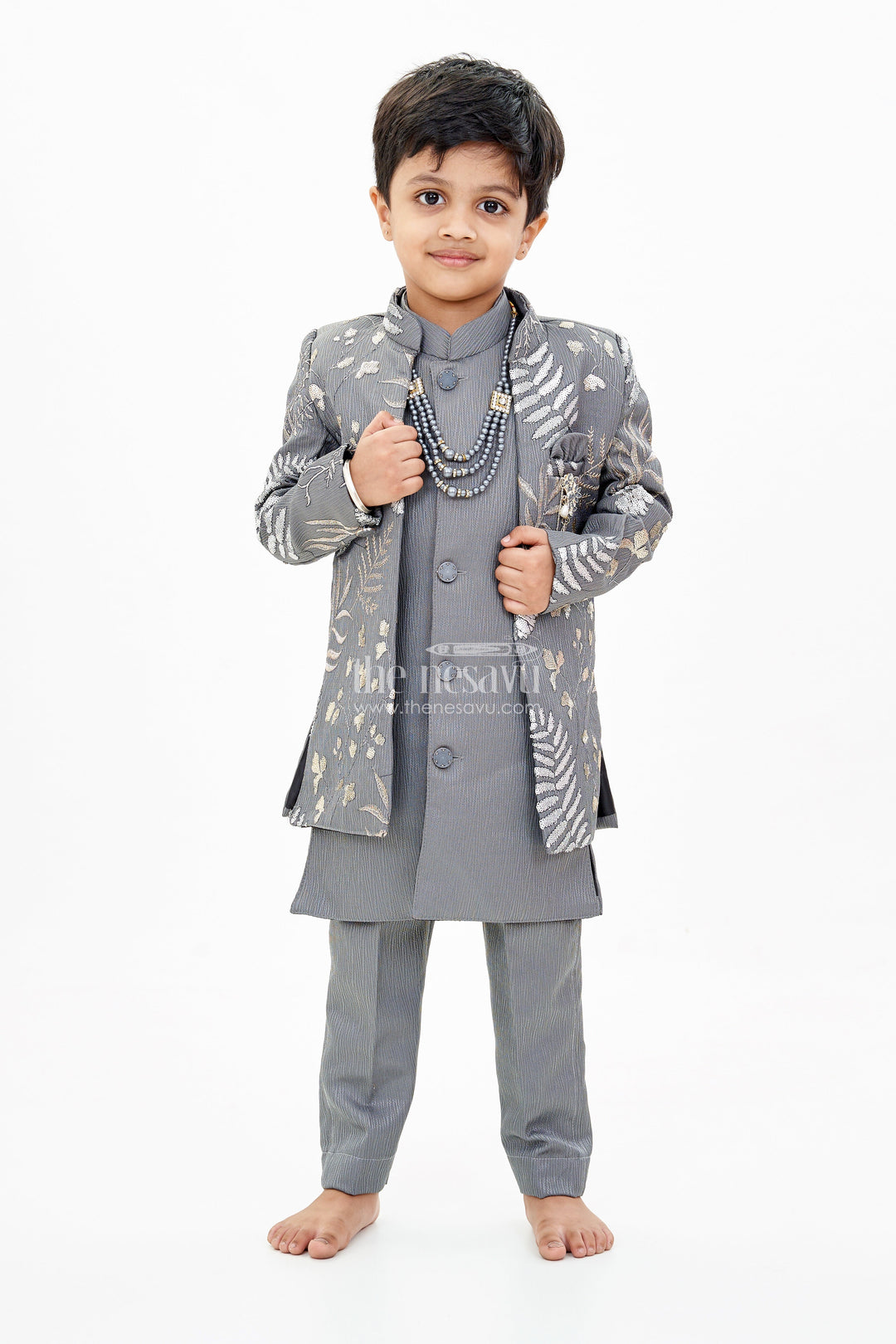 The Nesavu Boys Jacket Sets Boys Sherwani with Long Jacket in Silk Blend with Designer Embroidery and Elegant Detailing Nesavu Boys Sherwani Long Jacket Silk Blend Designer Embroidery Regal Charm | The Nesavu