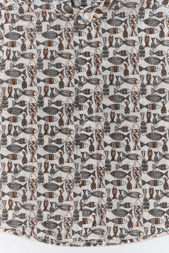 The Nesavu Boys Cotton Shirt Boys Shirt Casual Dresses in Cotton Block Print with Tribal Fish Design Nesavu Boys Shirt Casual Dresses Cotton Block Print Ethnic Fish Pattern | The Nesavu