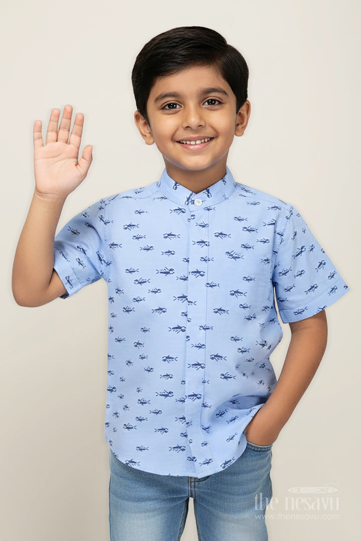 The Nesavu Boys Cotton Shirt Boys Shirt for Daytime Outings and Functions in Blue Cotton with Navy Tribal Print Accents Nesavu 16 (1Y) / Blue BS263A-16 Nesavu Boys Cotton Shirt Daytime Functions Navy Tribal Print Light Blue Base