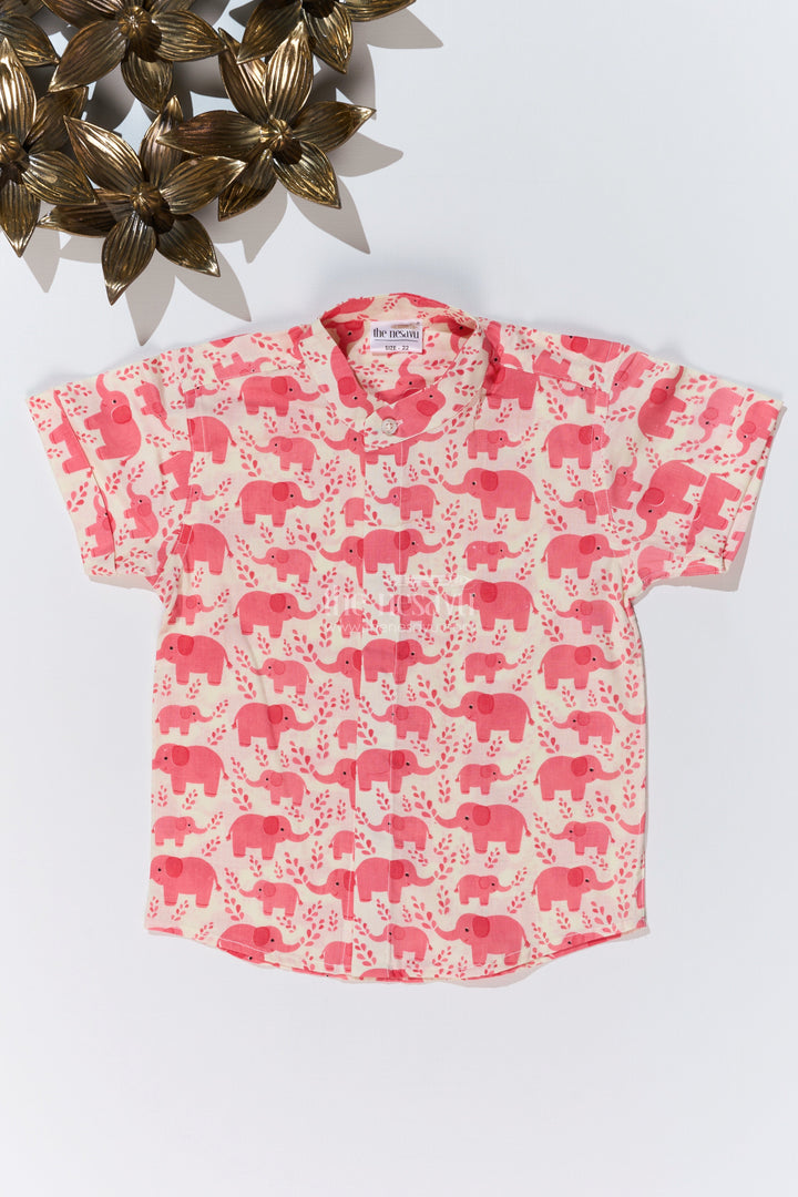 The Nesavu Boys Cotton Shirt Boys Shirt Half Shirt in Cotton Block Print with Playful Elephant Pattern Nesavu 16 (1Y) / Pink BS242A-16 Boys Shirt Half Shirt Cotton Block Print Cute Elephant Print | The Nesavu