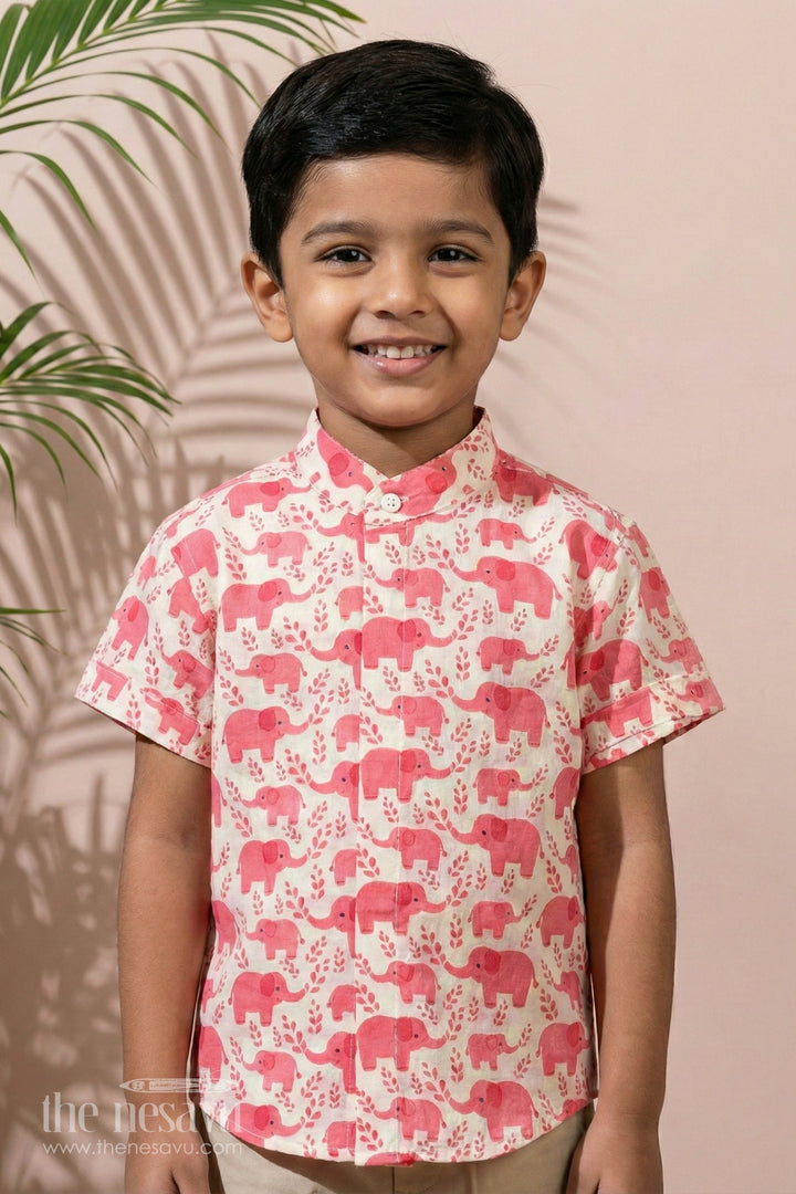 The Nesavu Boys Cotton Shirt Boys Shirt Half Shirt in Cotton Block Print with Playful Elephant Pattern Nesavu 16 (1Y) / Pink BS242A-16 Boys Shirt Half Shirt Cotton Block Print Cute Elephant Print | The Nesavu