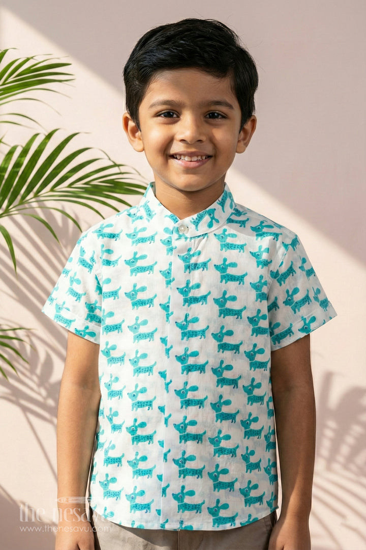 The Nesavu Boys Cotton Shirt Boys Shirt Half Sleeve in Cotton Block Print with Cute Dog Pattern Nesavu 16 (1Y) / Turquoise BS245A-16 Boys Shirt Half Sleeve Cotton Block Print Fun Dog Motif | The Nesavu